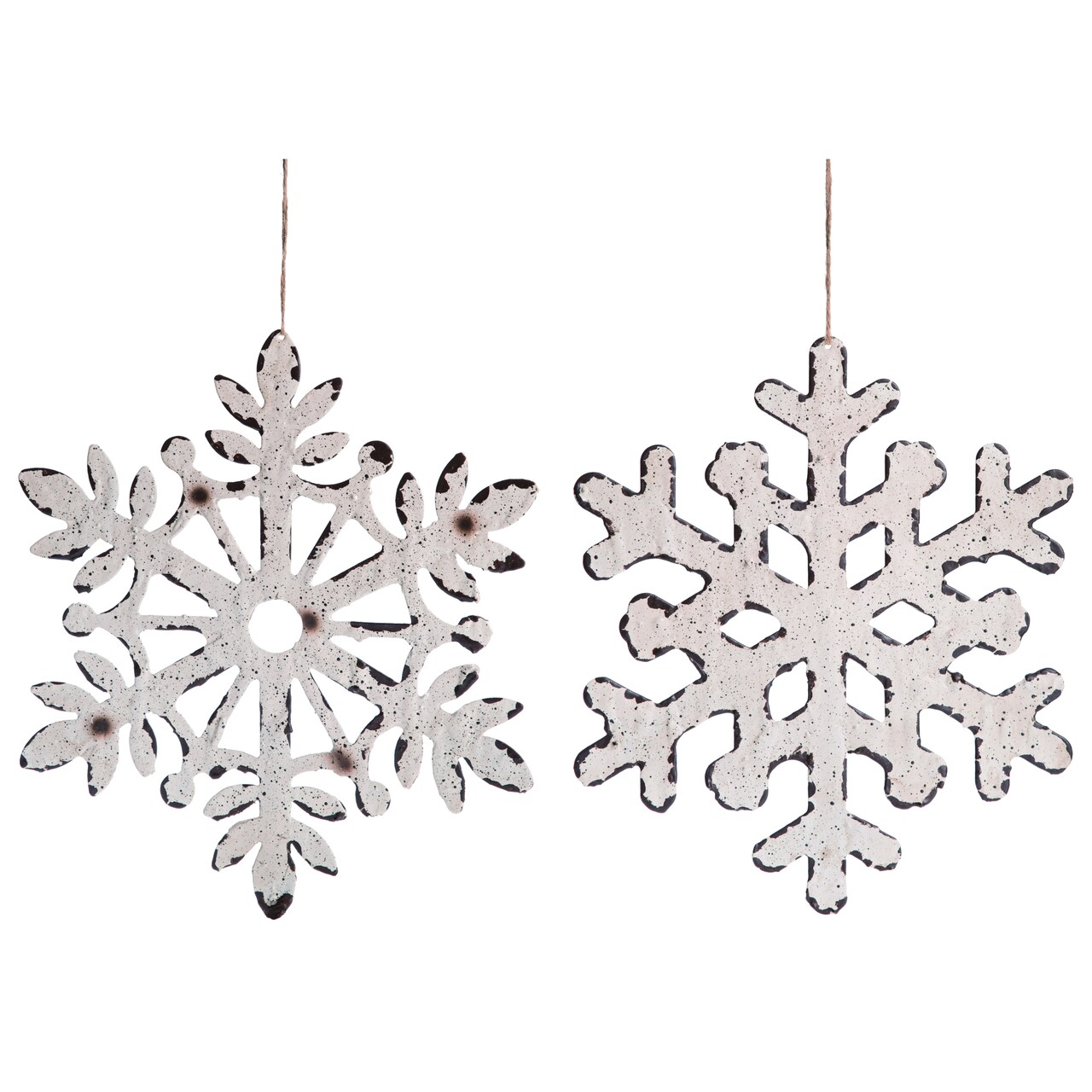 Transpac Large Metal Snowflake Ornament Set of 2, White Christmas Tree Ornaments, Metal, 12in x 10.25in, Indoor Use, Holiday Decor